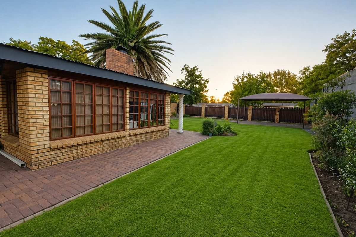 A well-maintained rear garden featuring a paved patio area, brick exterior facade, timber-framed windows, and a detached carport structure.
