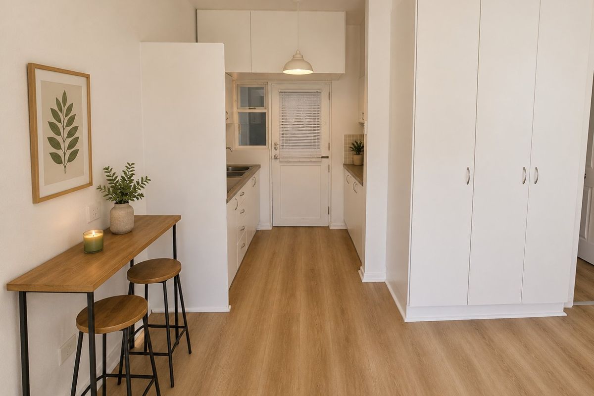 A bright and modern kitchen area featuring clean white cabinetry, light wood-look laminate flooring, and a functional layout with ample storage space.
