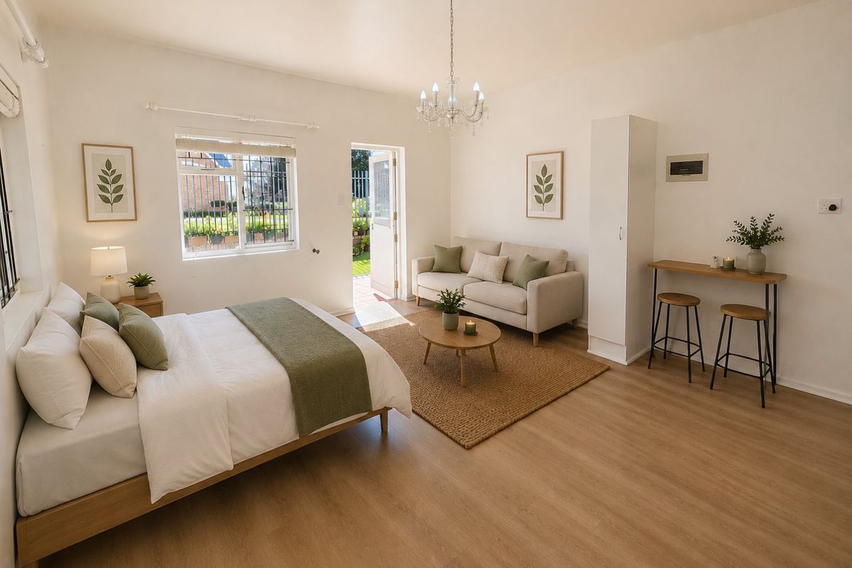 Spacious bedroom featuring light laminate flooring, a built-in cupboard, and direct access to an outdoor area through a private door.
