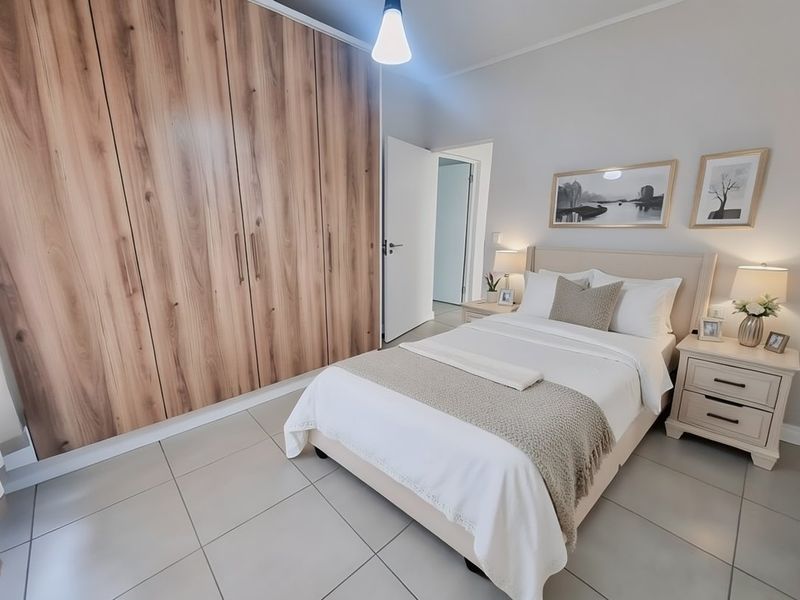 A well-maintained bedroom featuring large wood-finish built-in wardrobes, neutral tiled flooring, and a clean, modern aesthetic.