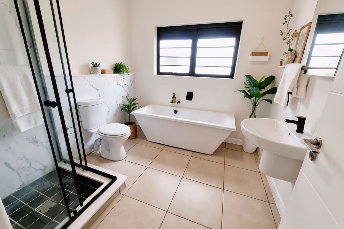 Modern bathroom featuring a freestanding bathtub, walk-in shower with black frame, wall-mounted basin, and elegant marble-look wall tiling with neutral floor tiles.