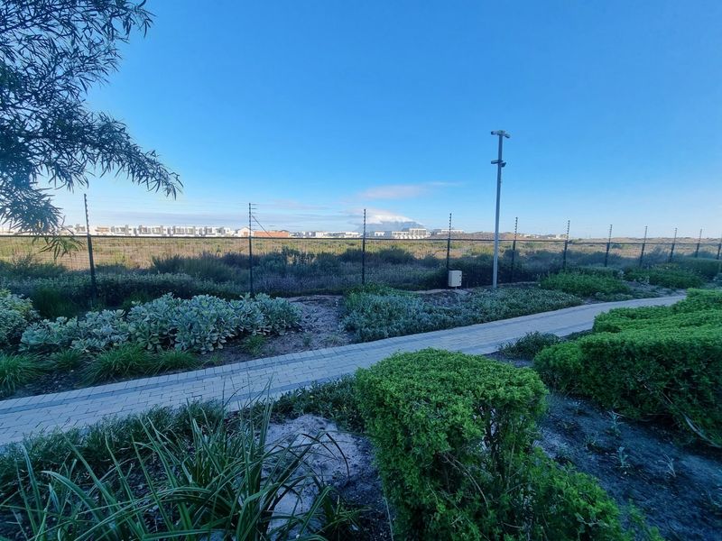 A clear view of the surrounding estate landscape featuring a paved walkway, manicured garden beds, and perimeter electric fencing.