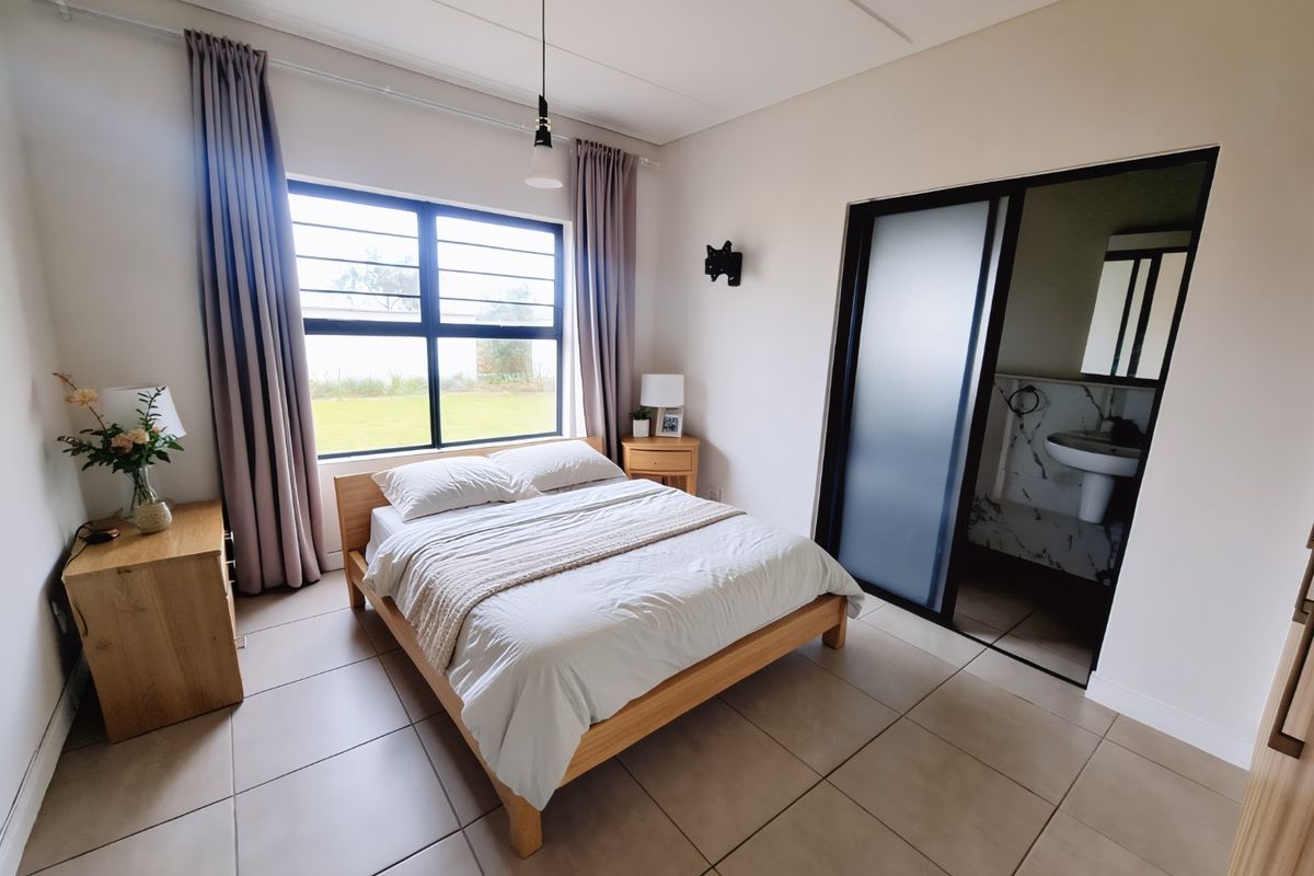 A well-lit bedroom featuring tiled flooring, large windows with curtains, and direct access to an en-suite bathroom with a modern sliding door.