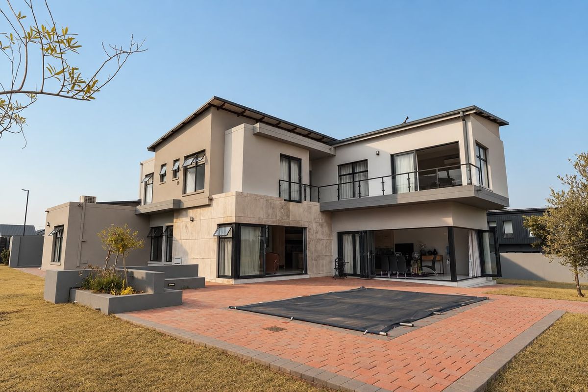 Modern double-story rear elevation featuring stone cladding, a spacious paved patio, and a balcony overlooking the garden.