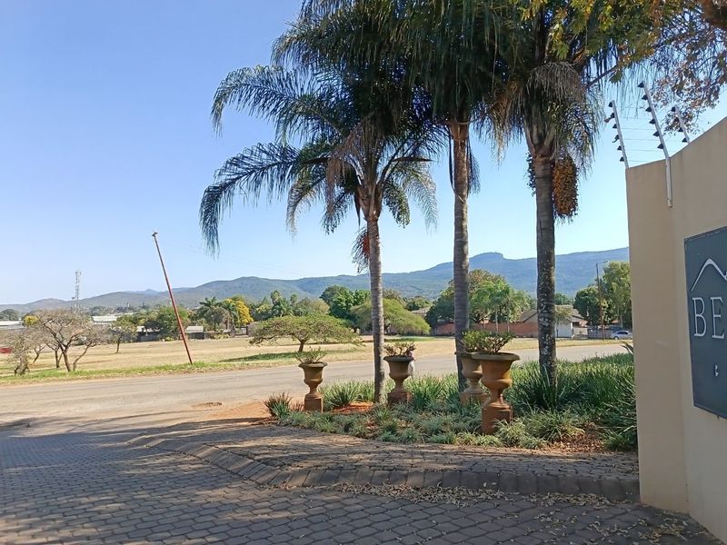 Street view of the property entrance featuring paved driveway, established palm trees, and security boundary wall with electric fencing against a mountain backdrop.