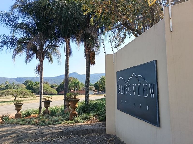 Entrance view of Bergview Estate featuring a boundary wall with electric fencing, paved driveway, and established palm trees.