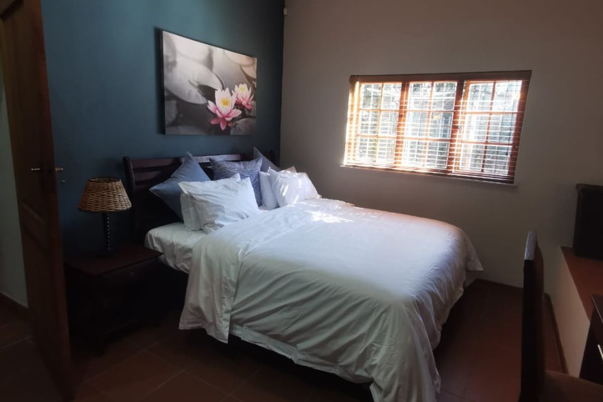 A cozy bedroom featuring terracotta floor tiles, a dark blue accent wall, and natural light filtering through wooden-framed windows with venetian blinds.