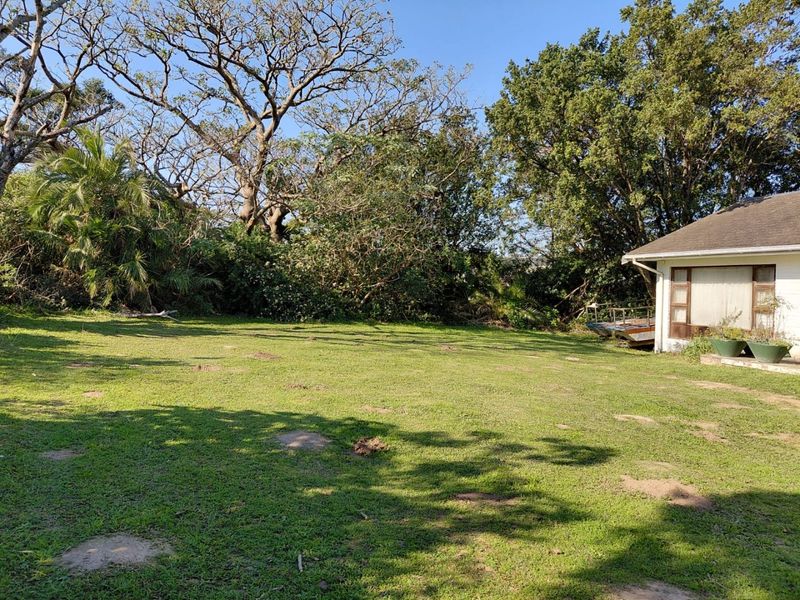 A spacious, grassed backyard area featuring mature trees and a small concrete patio section adjacent to the house structure.