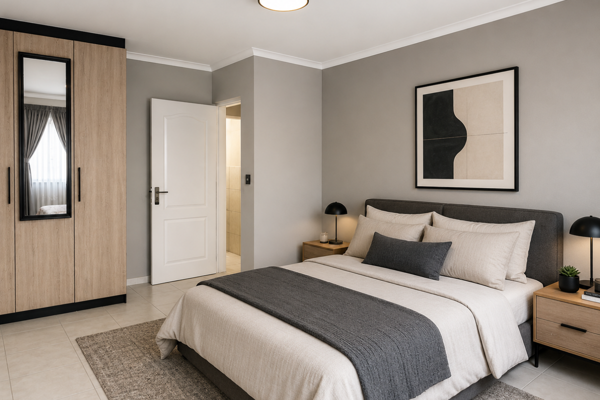 A well-maintained bedroom featuring neutral tones, built-in cabinetry, tiled flooring, and a modern flush mount ceiling light.
