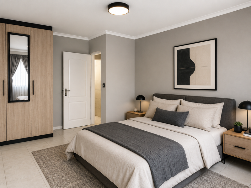 A well-maintained bedroom featuring neutral tones, built-in cabinetry, tiled flooring, and a modern flush mount ceiling light.