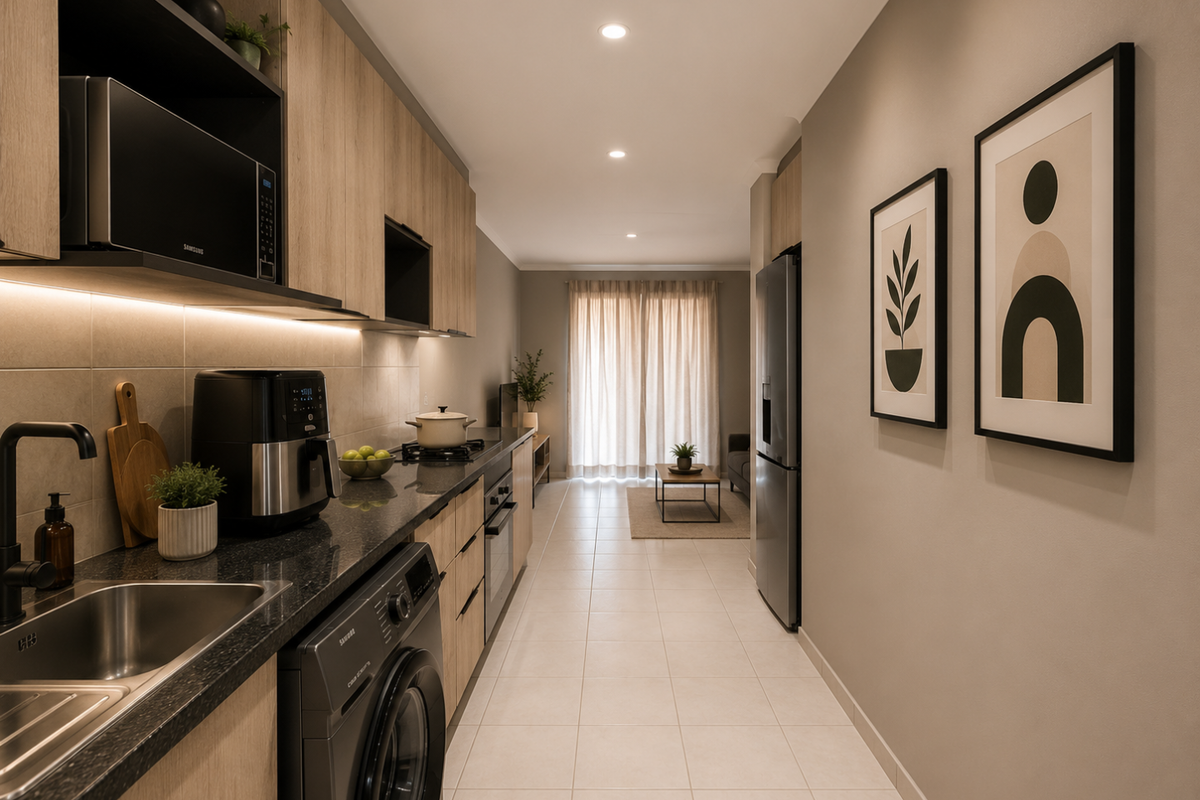Modern open-plan kitchen featuring sleek wood-tone cabinetry, stone countertops, integrated appliances, and recessed lighting, flowing into a bright living area.