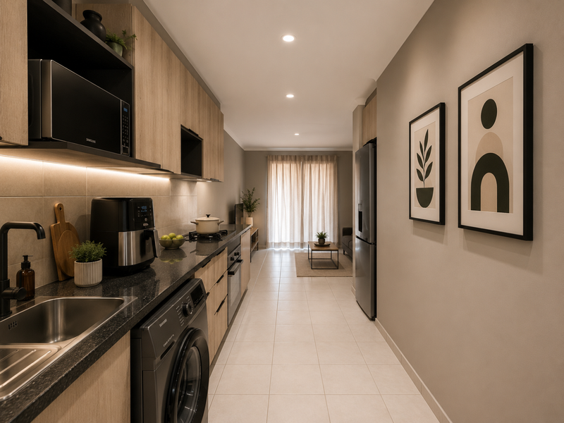 Modern open-plan kitchen featuring sleek wood-tone cabinetry, stone countertops, integrated appliances, and recessed lighting, flowing into a bright living area.