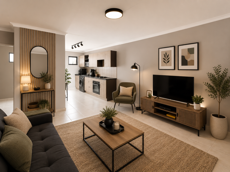 Modern open-plan living area featuring a sleek kitchen with built-in cabinetry, integrated oven, and neutral tiled flooring throughout.