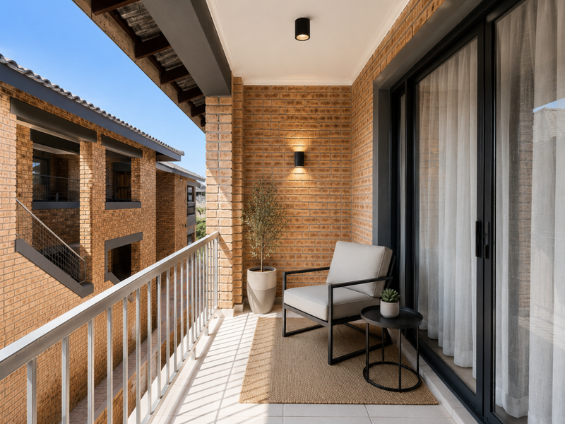 A well-maintained covered balcony featuring exposed brick walls, tiled flooring, and a metal balustrade, providing a pleasant outdoor space accessible via sliding glass doors.