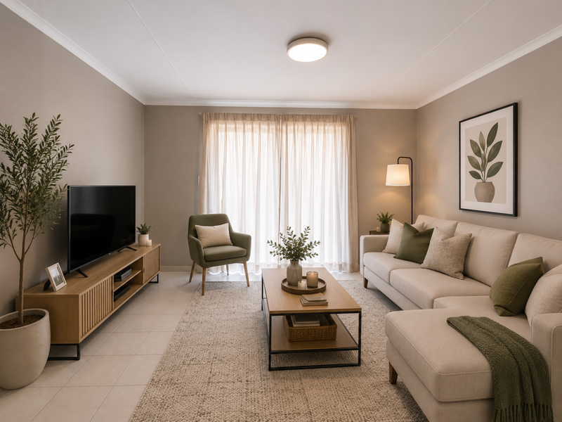 A well-lit, neutral-toned living room featuring tiled flooring and a large sliding glass door that provides ample natural light.