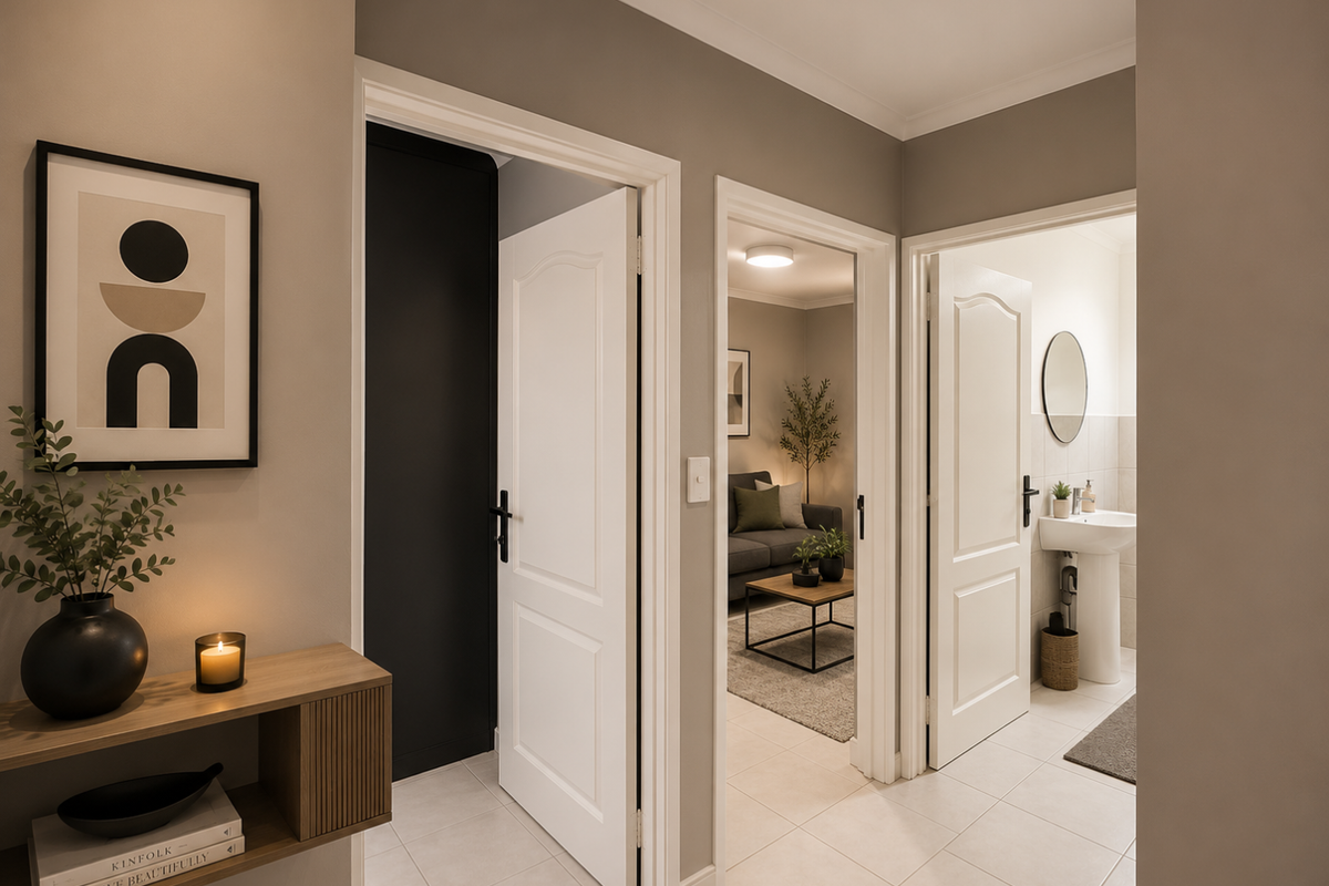 A well-lit, modern hallway featuring tiled flooring, providing access to a bathroom and adjacent living space.