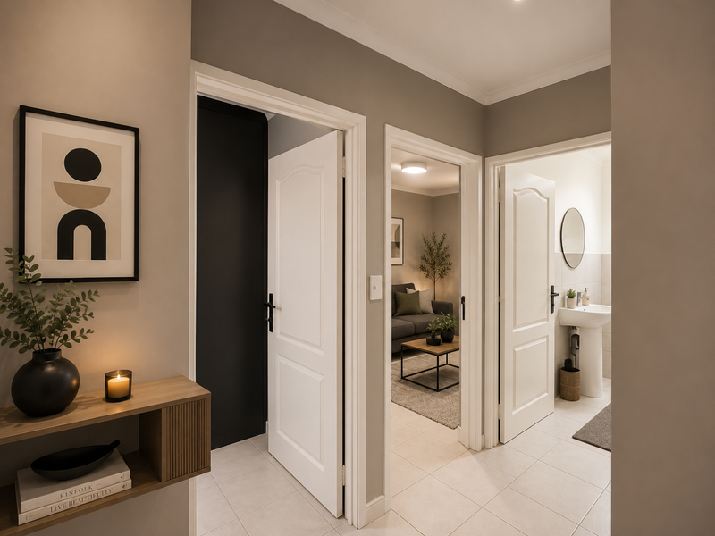 A well-lit, modern hallway featuring tiled flooring, providing access to a bathroom and adjacent living space.