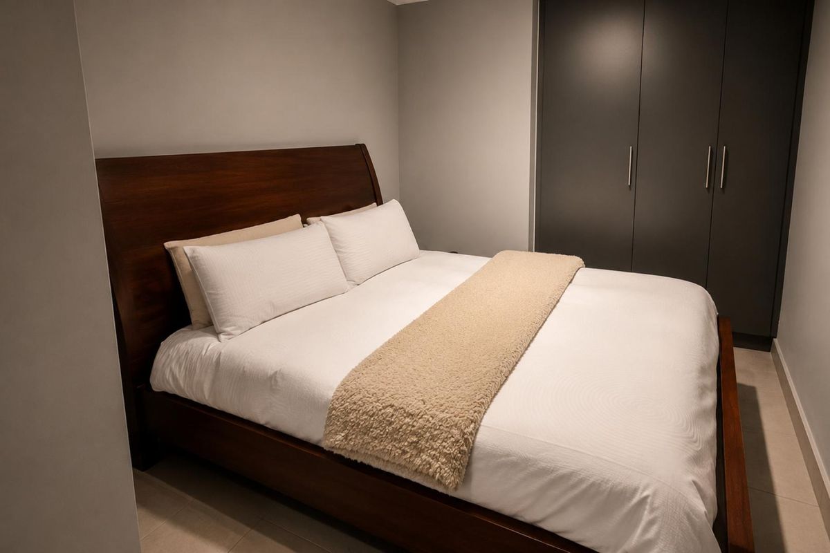 A modern bedroom featuring neutral walls, tiled flooring, and a dark grey built-in wardrobe.