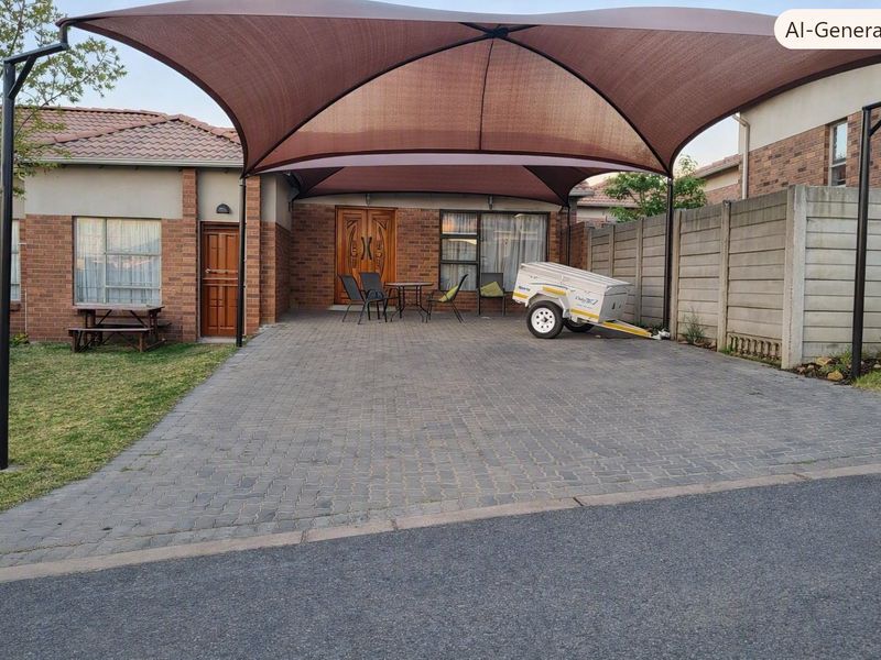 Front exterior view featuring a paved driveway, a large shade sail structure, and a brick facade with a double wooden entrance door.