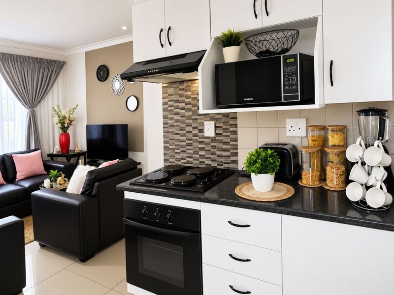 Modern open-plan kitchen featuring white cabinetry, dark countertops, a built-in oven, and a tiled backsplash, seamlessly flowing into the adjacent living area.