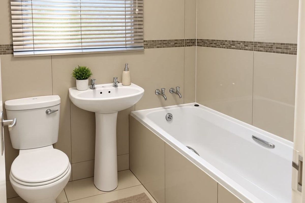 A clean, modern bathroom featuring neutral wall and floor tiles, a pedestal basin, a standard toilet, and a built-in bathtub.