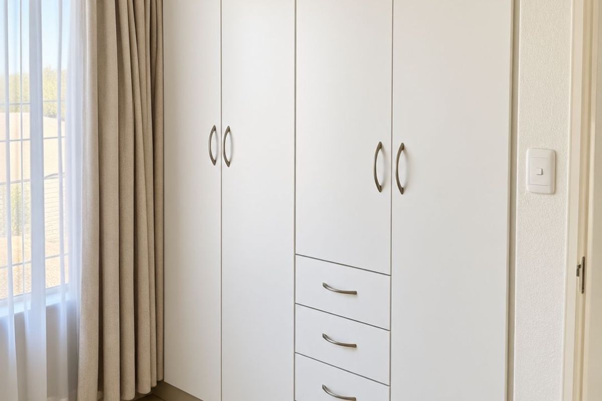 A clean, modern bedroom featuring neutral tiled flooring and ample built-in white cabinetry with integrated drawers.