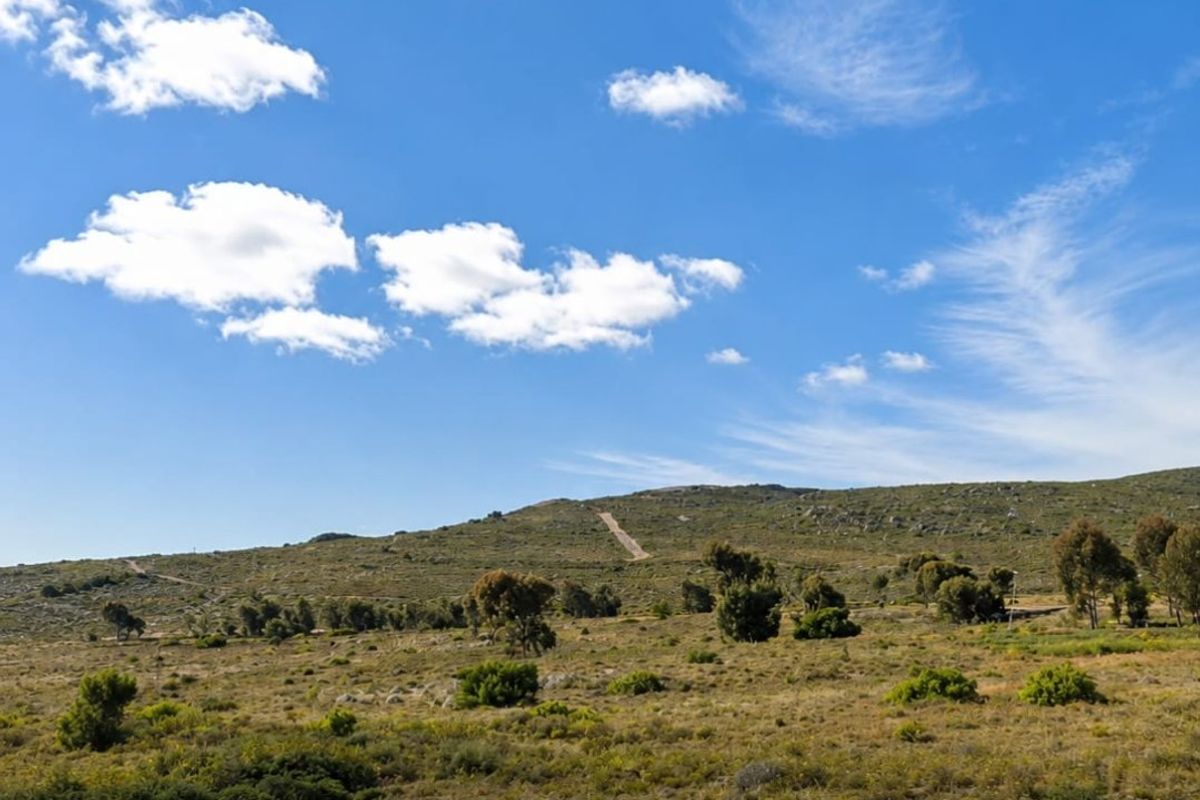 A scenic view of the expansive, undeveloped residential land featuring natural terrain and native vegetation under a clear blue sky.