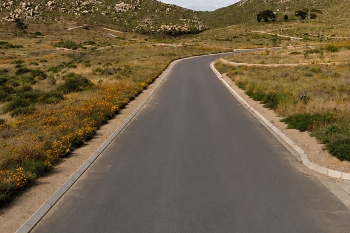 A paved asphalt road with concrete curbing leading through a natural landscape with rolling hills and native vegetation.
