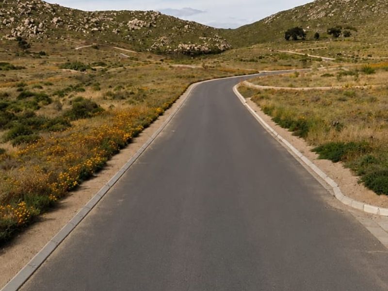 A paved asphalt road with concrete curbing leading through a natural landscape with rolling hills and native vegetation.