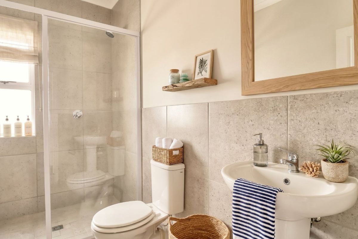 A modern, well-maintained bathroom featuring a walk-in shower, pedestal basin, and neutral tiled finishes throughout.