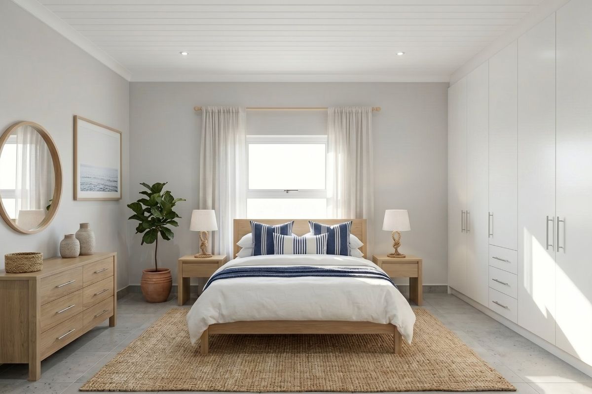 A bright and modern bedroom featuring built-in wardrobes, tiled flooring, and a clean, neutral aesthetic with recessed lighting.
