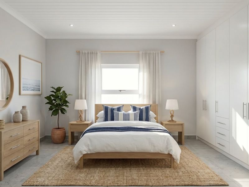 A bright and modern bedroom featuring built-in wardrobes, tiled flooring, and a clean, neutral aesthetic with recessed lighting.