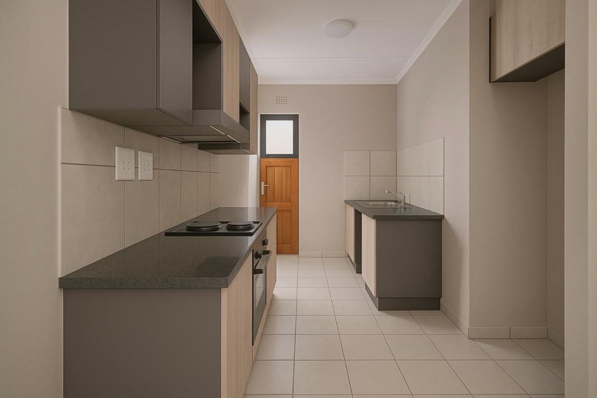 A modern, clean-lined kitchen featuring neutral cabinetry, stone countertops, integrated hob and oven, and tiled finishes throughout.