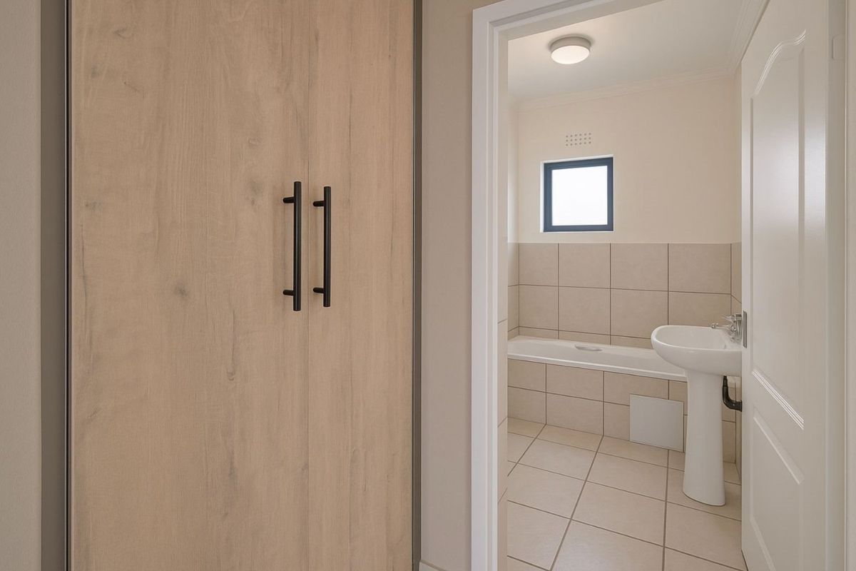 A clean, neutral bathroom featuring a pedestal basin, built-in bathtub, and tiled finishes, adjacent to a hallway with a built-in cupboard.