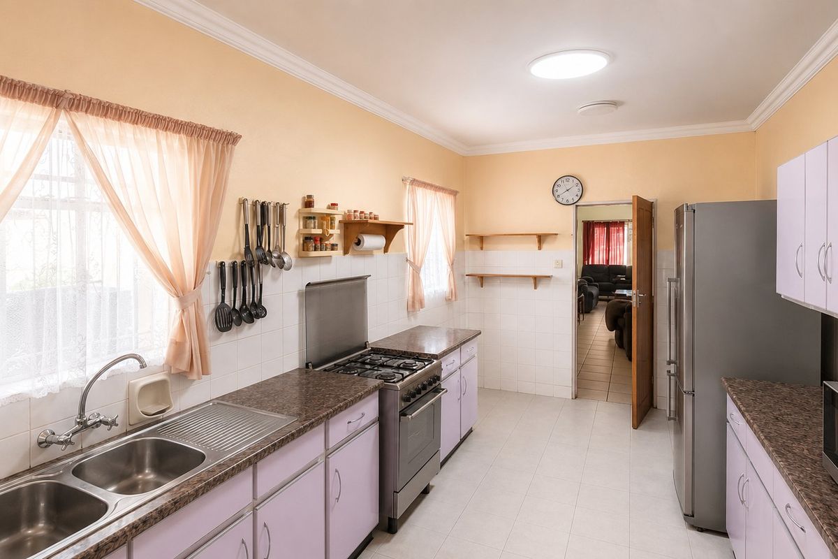 A functional kitchen featuring laminate countertops, a gas stove with extractor, double stainless steel sink, and ample built-in cabinetry with tiled finishes.