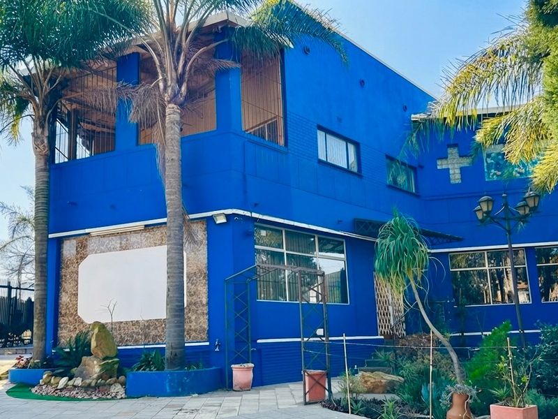 A vibrant blue multi-story commercial building featuring stone cladding accents, aluminum windows, and a paved entrance area with established landscaping.