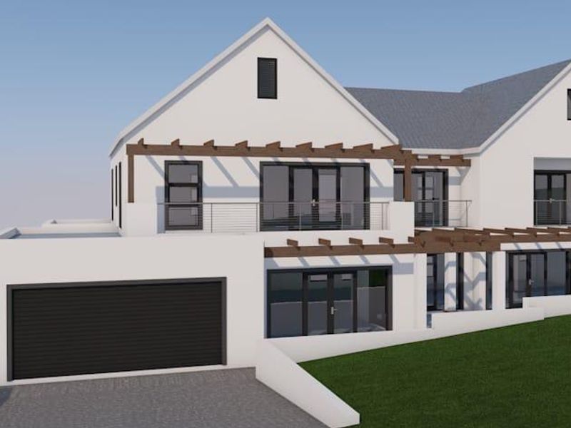 A 3D architectural rendering of a modern residential property featuring a garage, balcony, and pergola design elements.