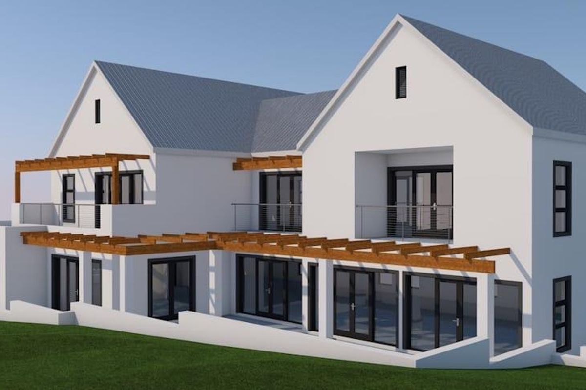 A 3D architectural rendering of a modern residential property featuring a timber pergola, metal roofing, and extensive glass sliding doors.