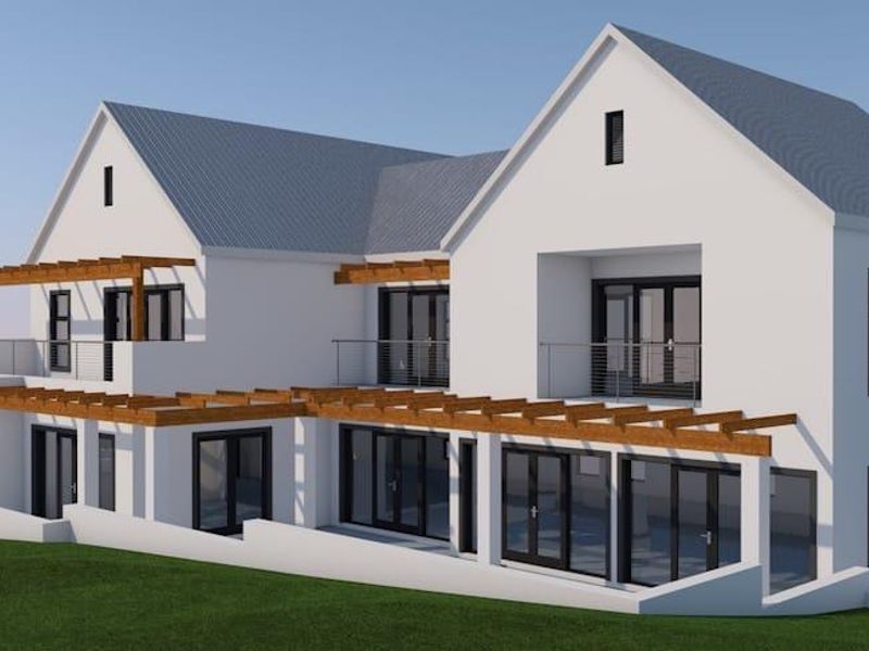 A 3D architectural rendering of a modern residential property featuring a timber pergola, metal roofing, and extensive glass sliding doors.