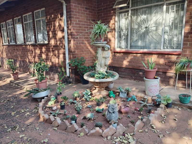 A rear garden area featuring a brick facade, security-barred windows, and a landscaped circular garden bed with a central stone fountain.
