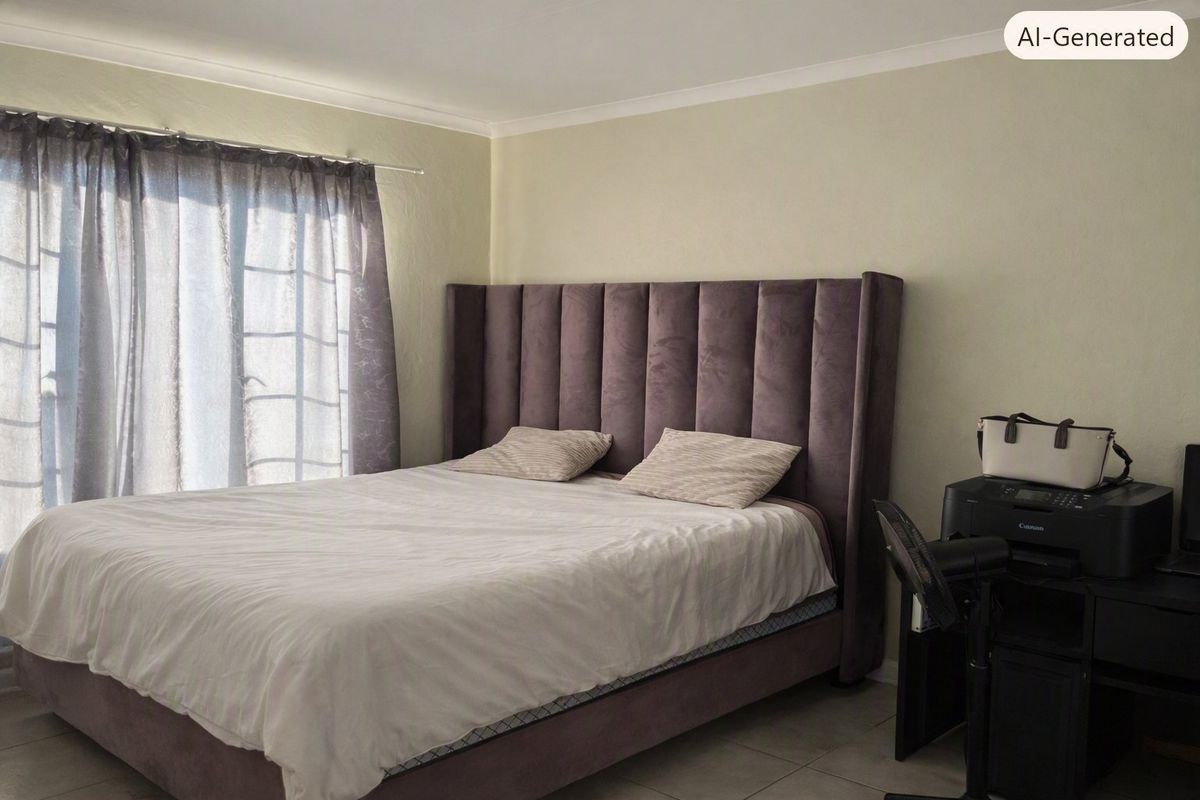 A bedroom featuring tiled flooring and cove cornice detailing, providing a neutral foundation for personal styling.