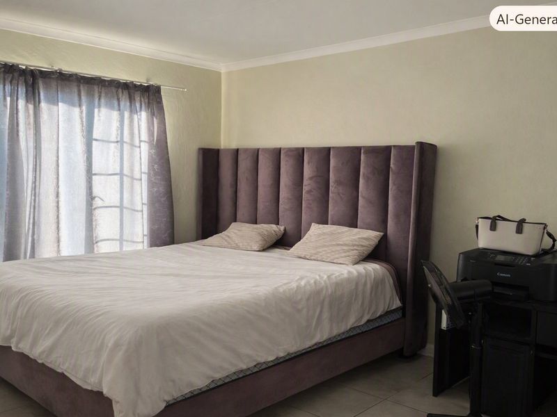 A bedroom featuring tiled flooring and cove cornice detailing, providing a neutral foundation for personal styling.