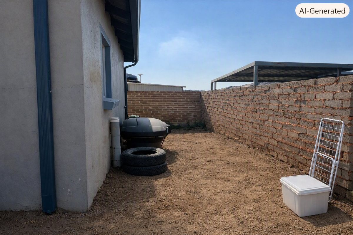 Rear exterior area featuring a dirt yard, brick boundary wall, and metal carport structure, requiring landscaping and finishing.