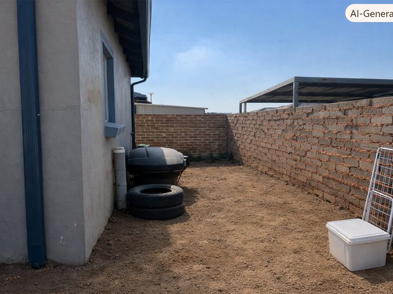 Rear exterior area featuring a dirt yard, brick boundary wall, and metal carport structure, requiring landscaping and finishing.