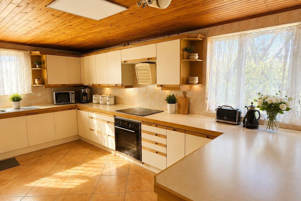 Spacious kitchen featuring timber ceiling, ample cabinetry, integrated oven, electric cooktop, and large windows providing natural light.