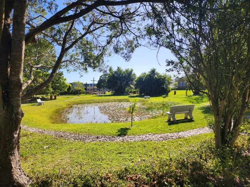 A peaceful garden area featuring a central pond, stone pathways, and concrete benches surrounded by mature trees and lawn.