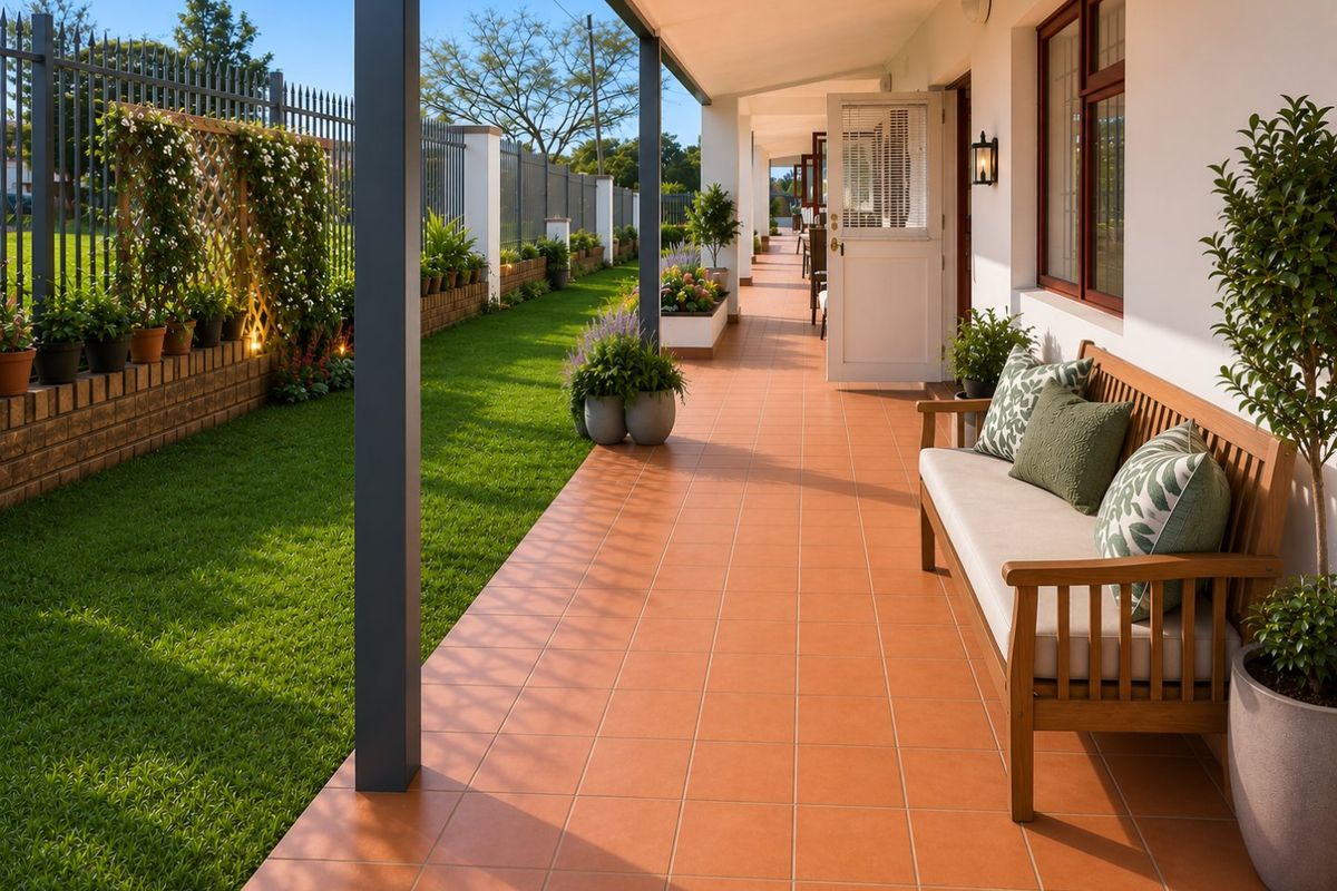 A well-maintained covered patio featuring terracotta-style tiling, metal support columns, and direct access to a landscaped garden area with perimeter fencing.