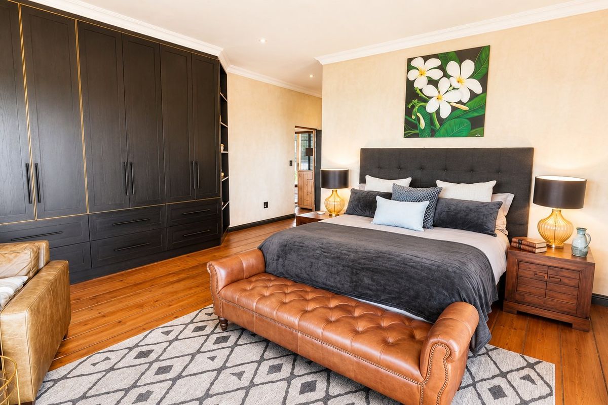 Spacious bedroom featuring dark built-in cabinetry, warm hardwood flooring, and elegant crown molding, creating a sophisticated and well-maintained living space.