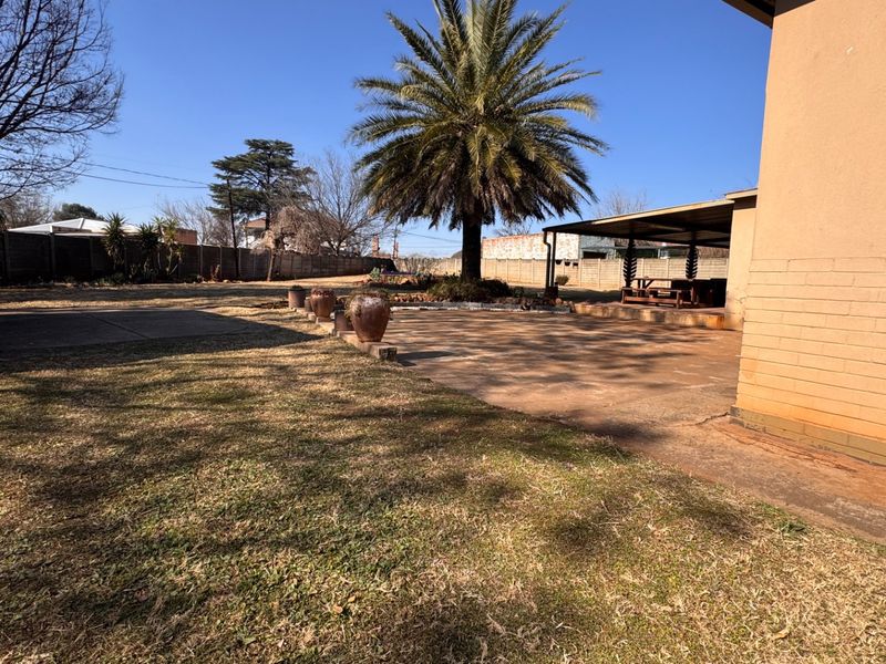Spacious rear garden featuring a covered patio area, concrete paving, and established palm tree, enclosed by a perimeter wall.