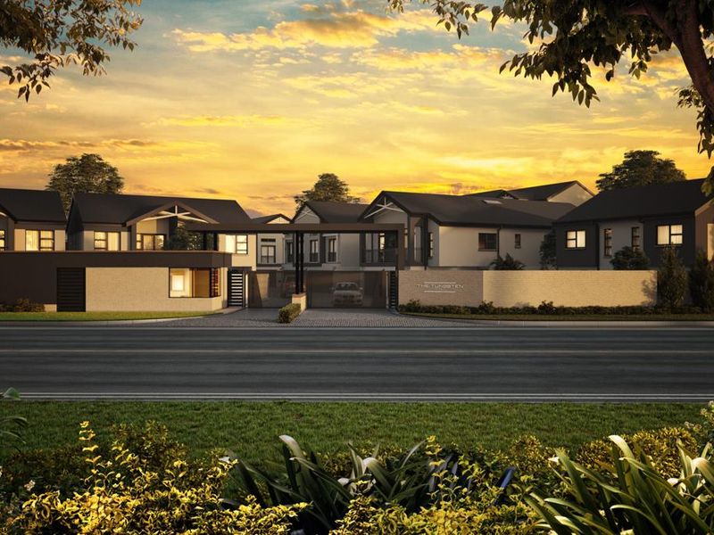 A professional architectural rendering of a modern residential estate entrance featuring a secure gated access point and contemporary building facades at sunset.
